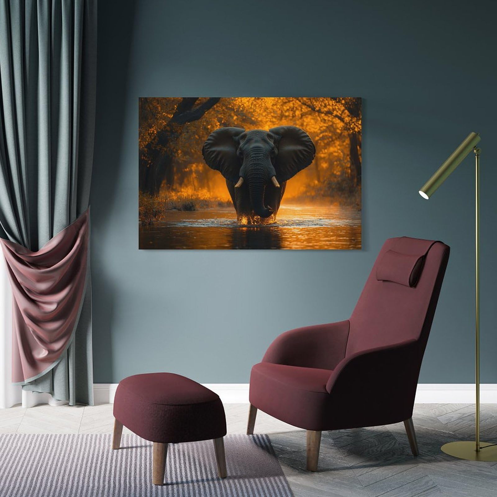 Junmoney Elephant in Water, Golden Light Home Decor Wall Art 24x36inch(60x90cm), for Small Homes, Bedrooms Or Open Spaces, An Easy Choice for New Home Styling