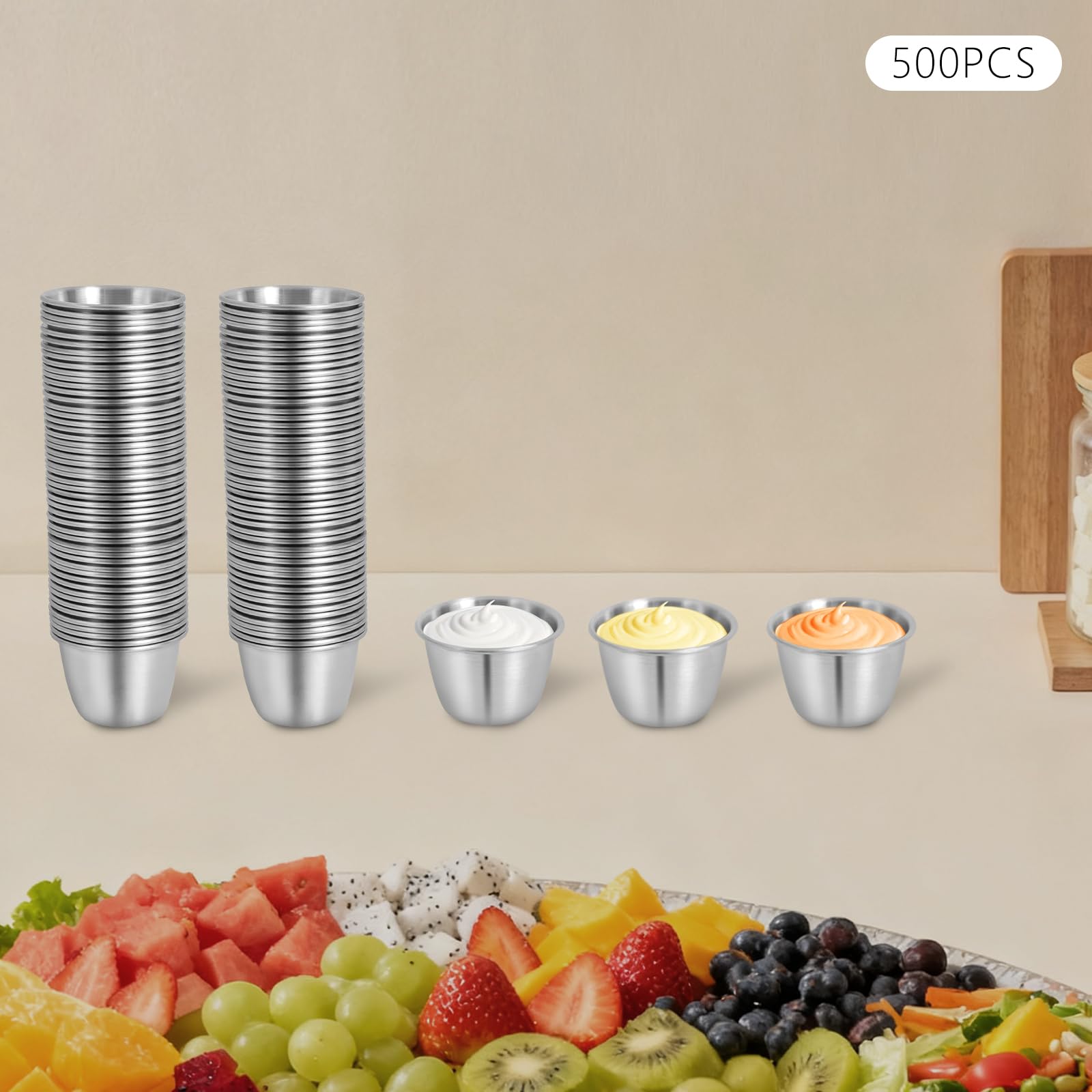 Silber Edelstahl Soßenschälchen Mini Dip Portionsschalen 500 Stück 6 cm für Soßen Gewürze Dips Ketchup Majonäse Salat Essig Öl Senf Restaurant Küche Party Haushalt Buffet Catering