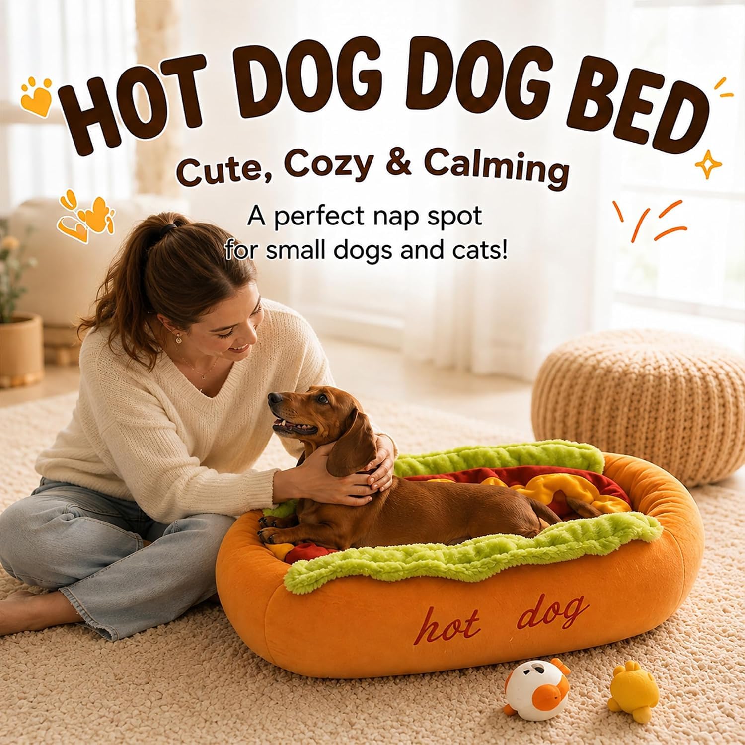 Hot Dog Cama para Perro Salchicha y Gato.50x35x16cm