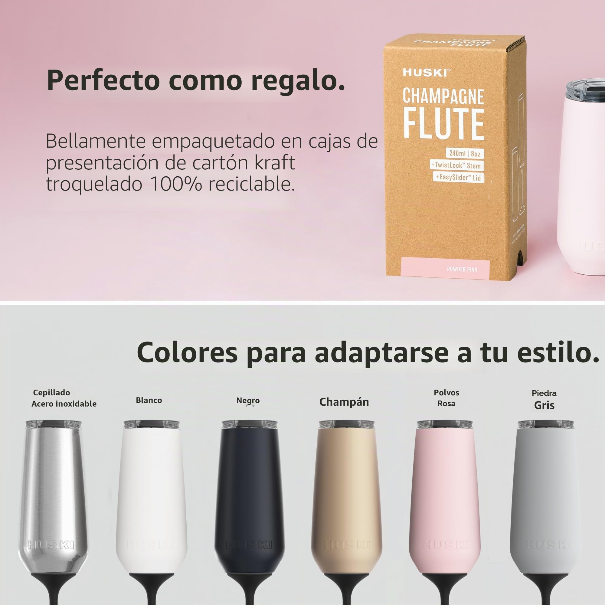 Huski Flauta de champán NUEVO | Copa de champán de acero inoxidable premium con tapa | Vaya con o sin tallo con tallo desmontable | Vaso con triple aislamiento | Capacidad de 240ml (Champán)
