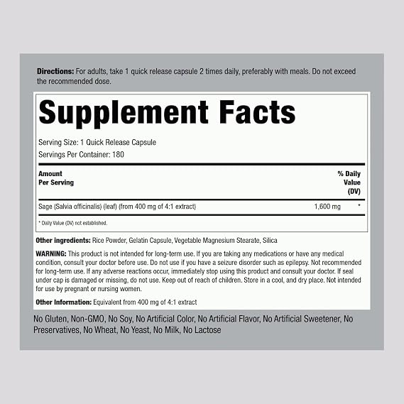 Piping Rock Sage Supplement | 180 Capsules | Concentrated Herbal Extract | Non-GMO, Gluten Free Formula