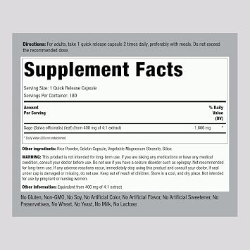 Piping Rock Sage Supplement | 180 Capsules | Concentrated Herbal Extract | Non-GMO, Gluten Free Formula