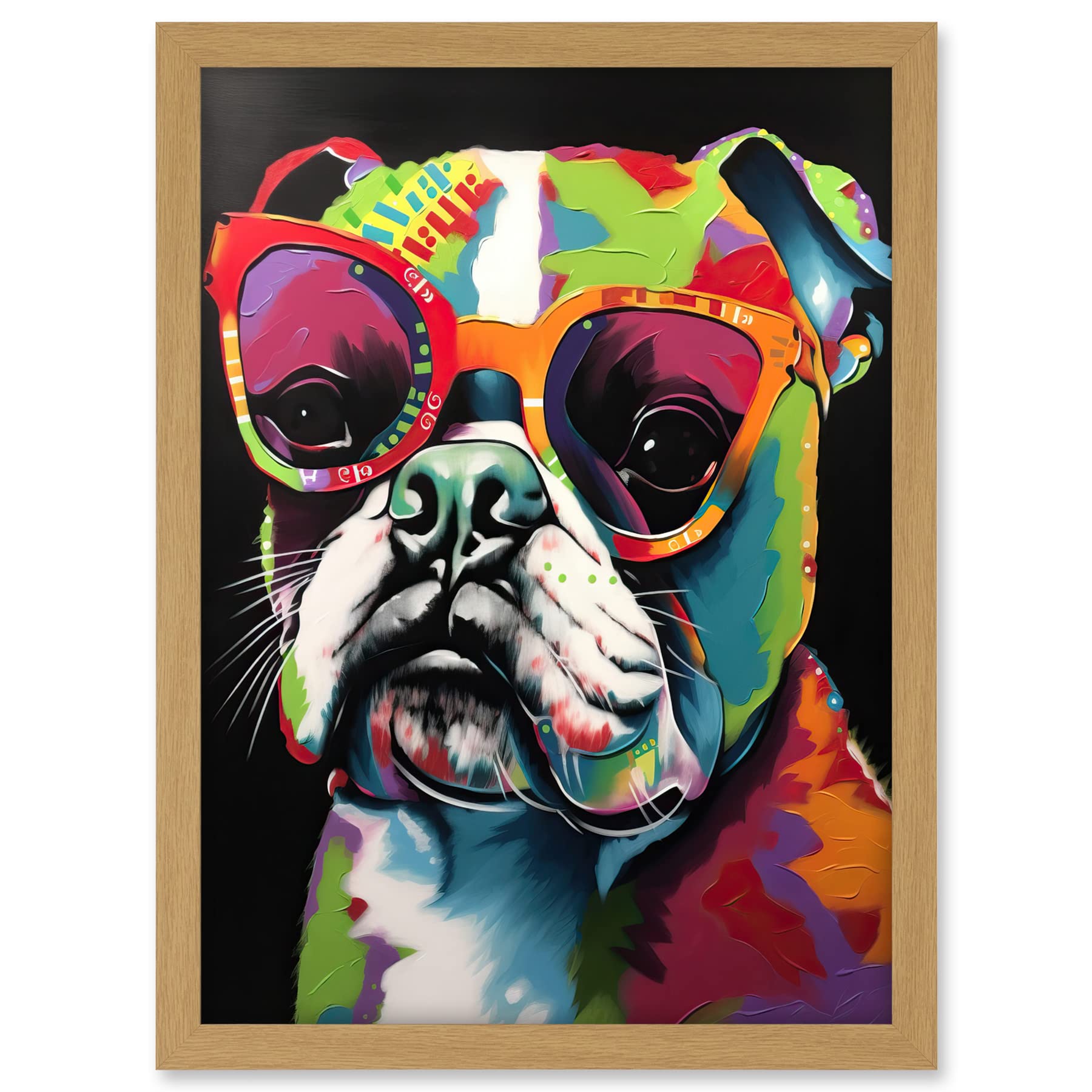 Artery8 Rainbow Colour English Bulldog Puppy in Sunglasses Artwork Framed A3 Wall Art Print