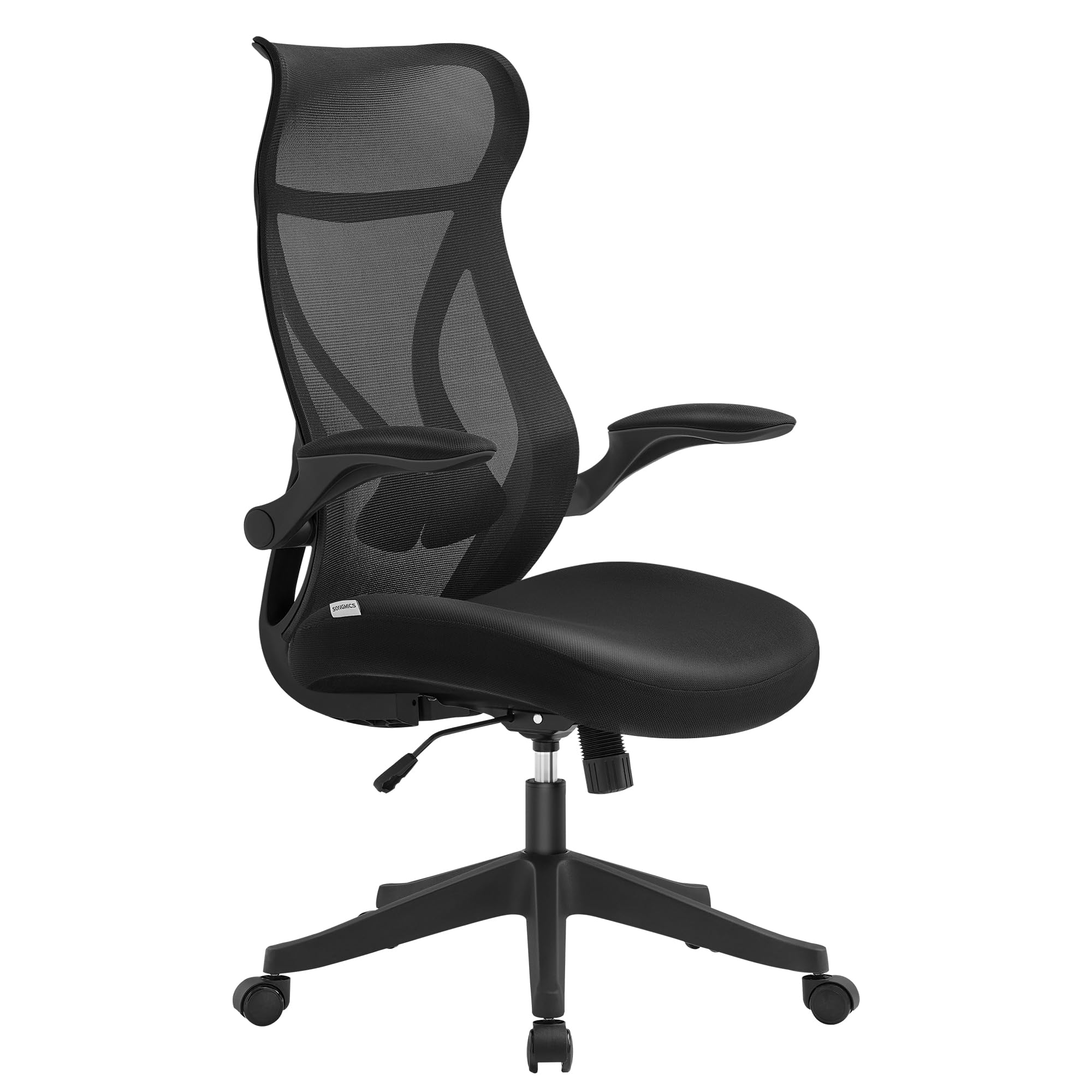 SONGMICS Silla de Oficina, Silla de Escritorio, Respaldo Ergonómico, Altura Ajustable, Reposabrazos Plegables, Silla Giratoria con Reposacabezas, Carga de 150 kg, Negro Tinta OBN088B01