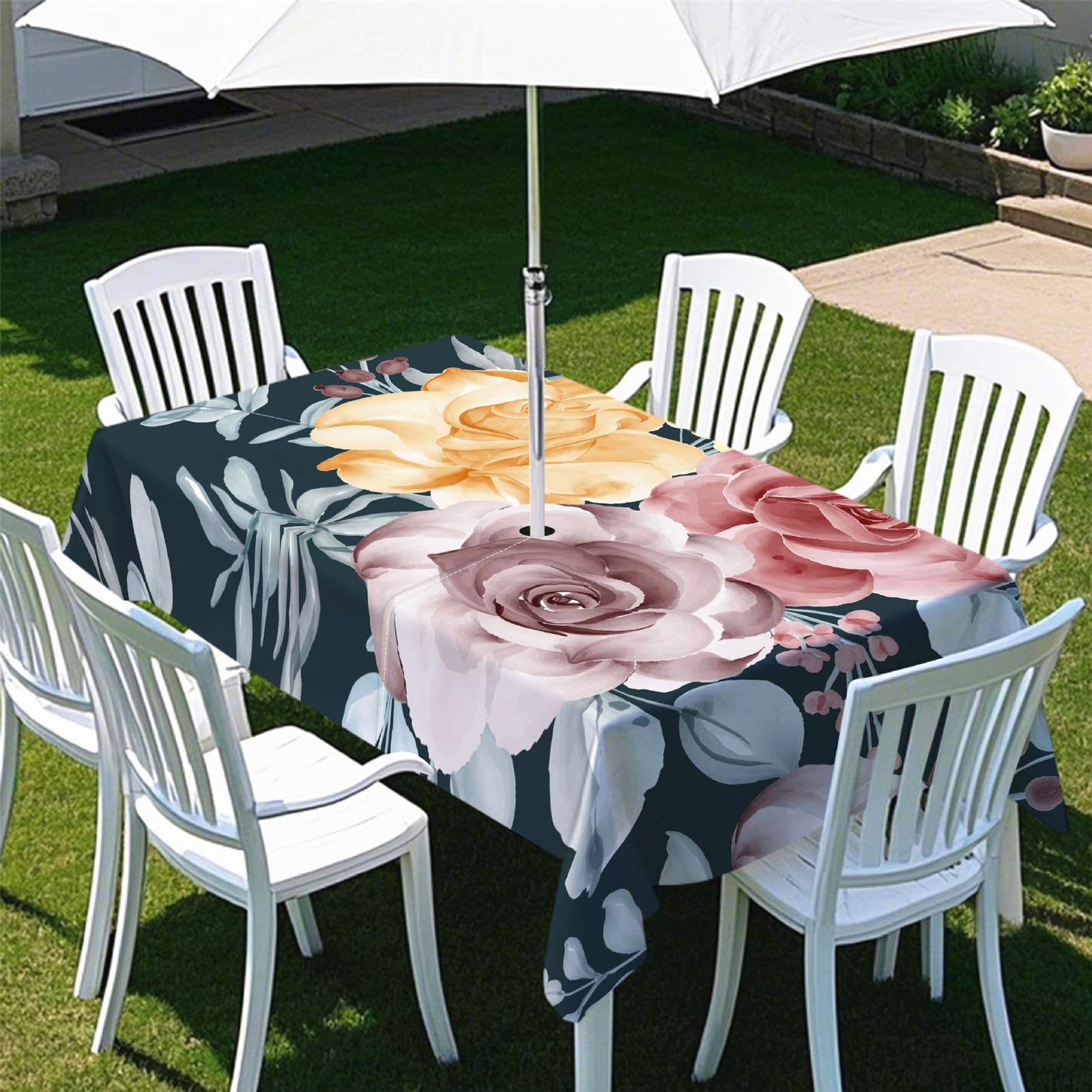 Odot 3D Tablecloths Rectangular Waterproof with Umbrella Parasol Hole and Zipper, Table Cover Wipe Clean Garden Outdoor Table Cloth for Garden, BBQ, Party, Modern Flowers (Leaves,305x152cm)