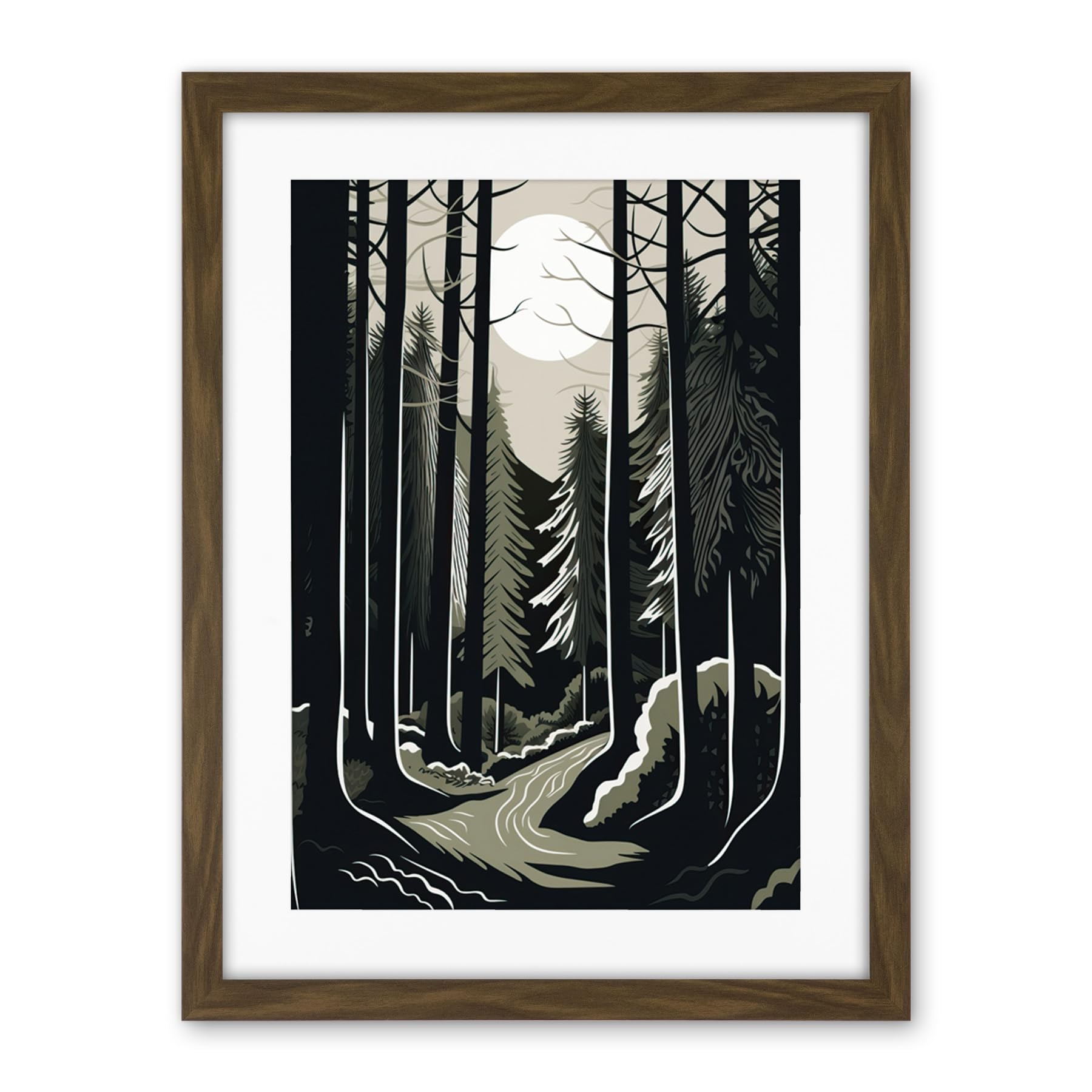 Artery8 Full Moon Night at Pine Forest Landscape Linocut Artwork Framed Wall Art Print 18X24 Inch