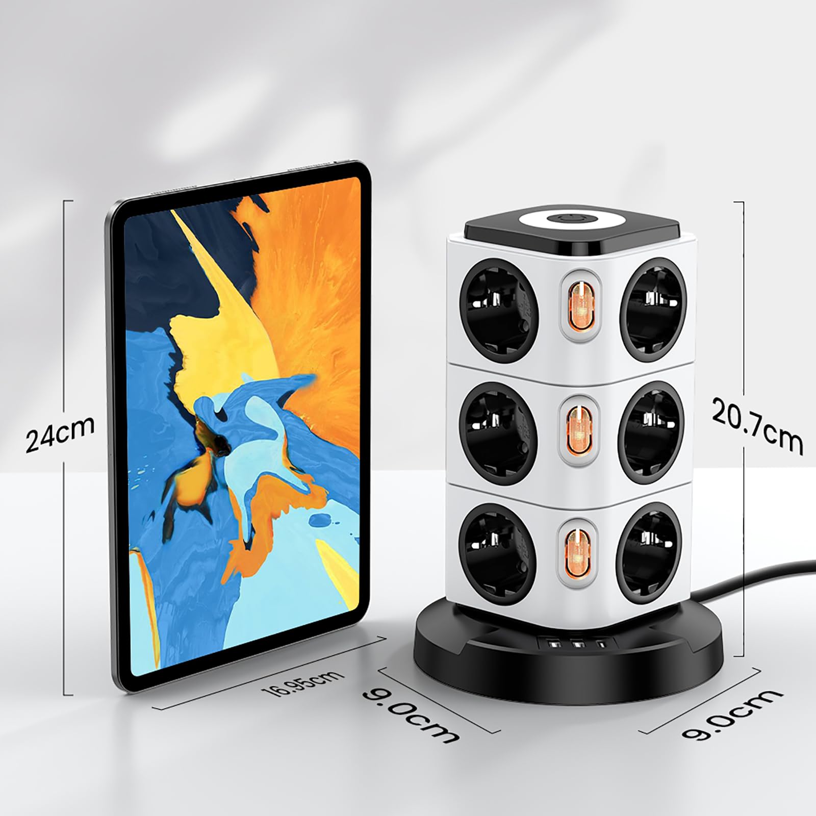 Acodot Listwa zasilająca z 12 gniazdami wtykowymi z wejściem USB, ochrona przed przepięciem, wieża z 4 przełącznikami, oryginalna designerska lampka nocna i 3 porty USB, kabel 3 m, 2500 W, do biura