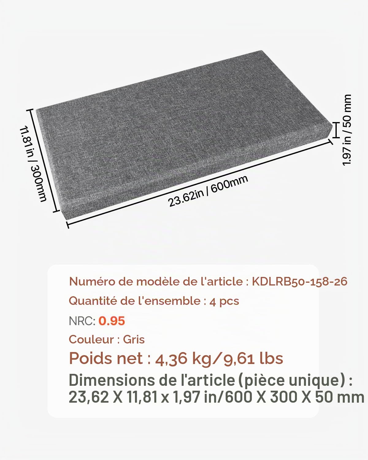 VEVOR Panneau Acoustique Mural Autocollant, Lot de 4, Panneaux Insonorisants Muraux en Fibre de Verre 60x30x5 cm, Isolation Phonique pour Maison, Home Cinéma, Studio, Bureau, Salle de Réunion, Gris
