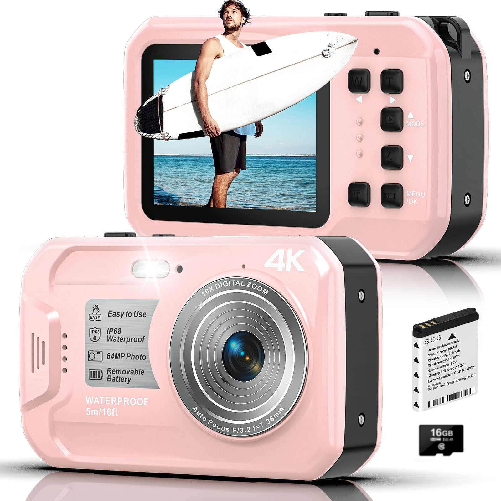 4K Underwater Camera, 64MP 16FT Waterproof Camera, 16GB Card, Pink