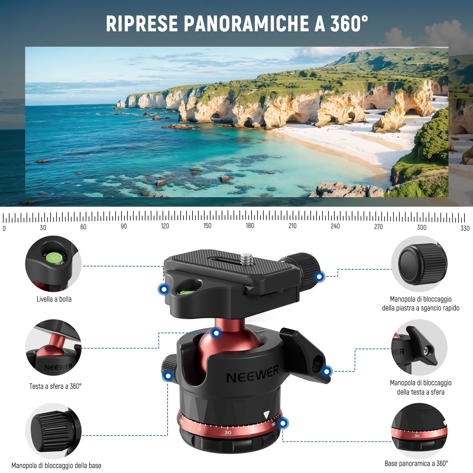 NEEWER BASICS Monopiede Treppiede Fotocamera da 1,8m con Colonna Centrale e Testa Sfera, Overhead Tripod DSLR Cellulare a Sgancio Rapido Compatibile con iPhone per Riprese Video Viaggio, Max 8kg, TP16