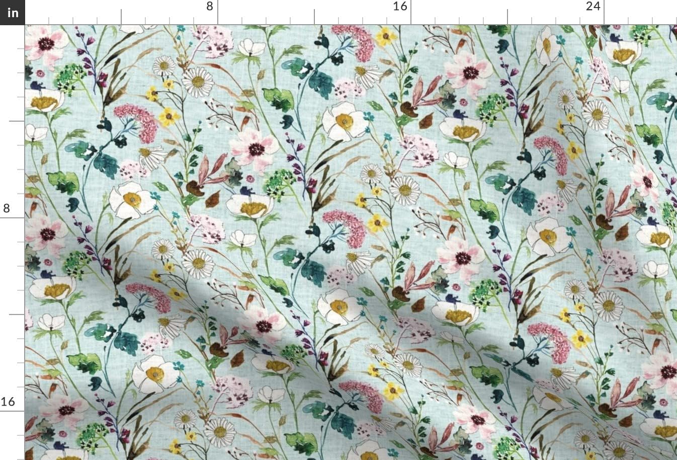 Spoonflower Fabric - Painted Wildflowers Wedding Woven Look Mint Green Blue Duck Egg Printed on Minky Fabric by The Yard - Sewing Baby Blankets Quilt Backing Plush