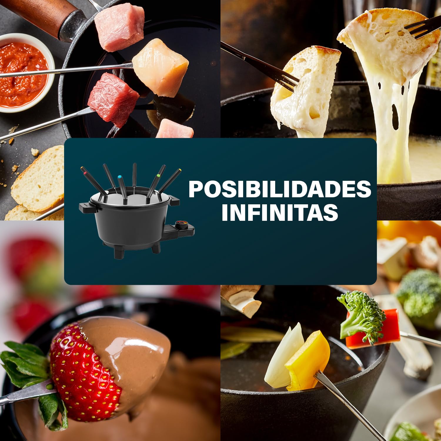 Princess Set de Fondue Negro, Capacidad 1,5L, Termostato Ajustable, Recubrimiento Cerámico, 8 Tenedores Inox, Asas Frías, 800W, Base Antideslizante, 01.173110.01.001
