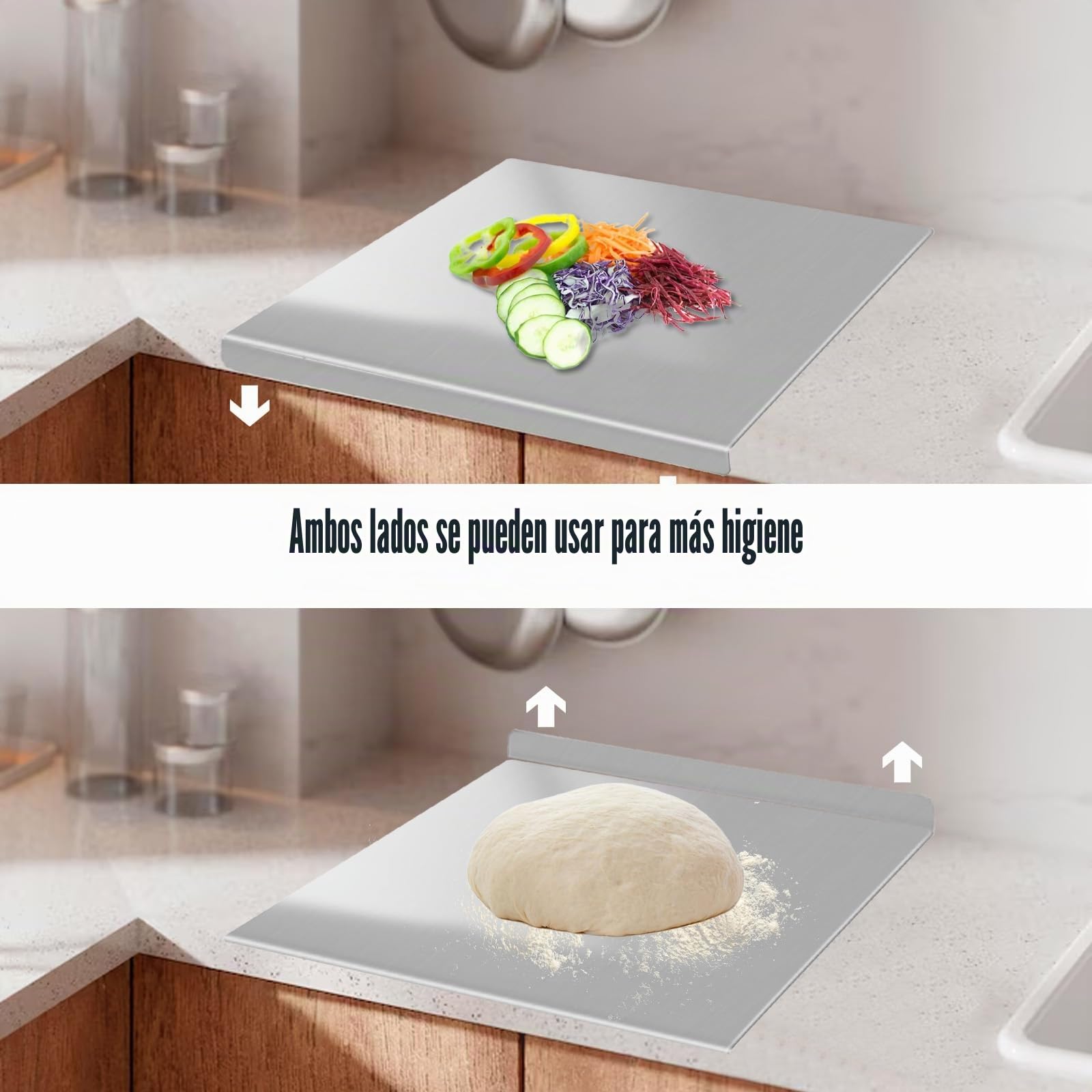 Tabla de cortar grande de acero inoxidable, 50 x 50 x 0,15 cm | tablas de cortar de doble cara tabla de corte antideslizante, encimera de cocina, para carne, frutas, verduras, pan