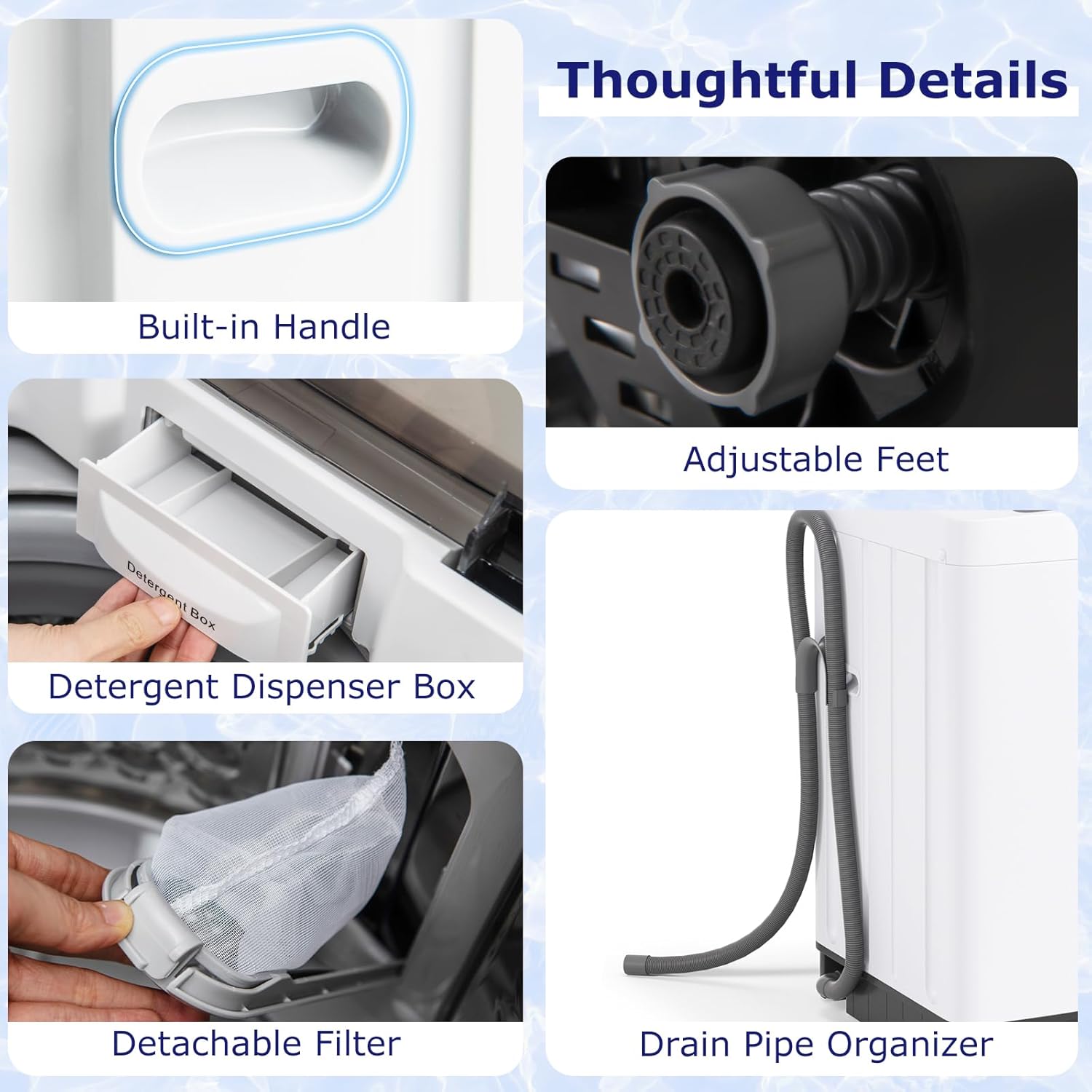 A child standing next to the washing machine, with an overlay showing how to activate the child lock by pressing Water Level and Program buttons.