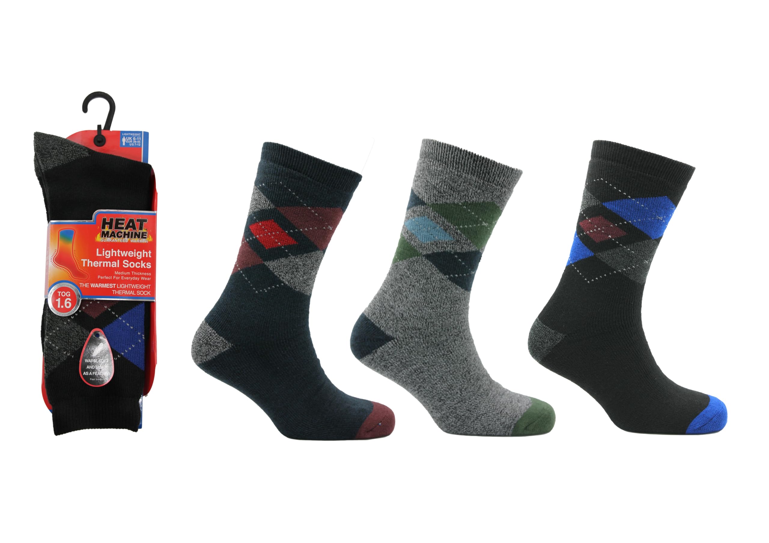 Heat Machine Men's Argyle Thermal Lite | 3 Pairs | 1.6 Tog Lightweight Winter Socks | Warm Everyday Thermal Boot Lounge Dress Socks (Uk, Numeric, 6, 11, Regular, Regular, )