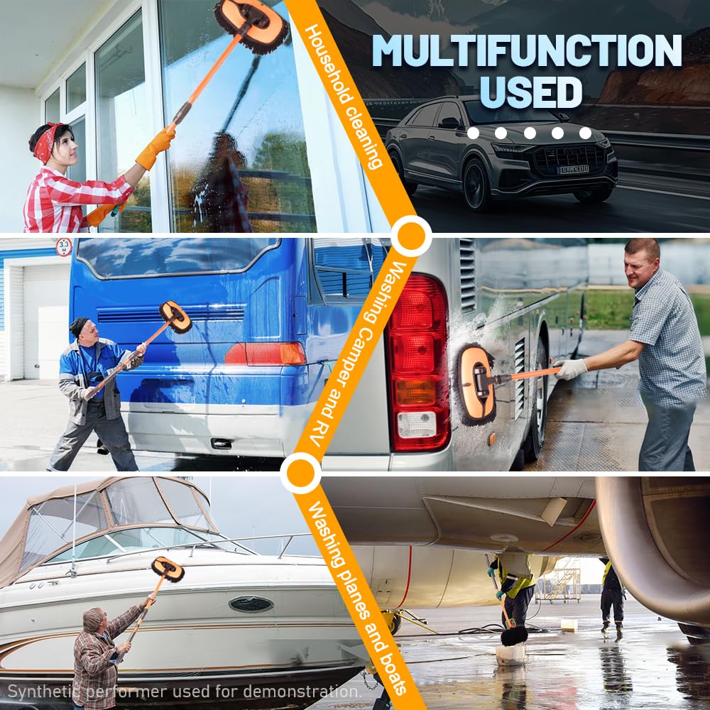 Cepillo de microfibra para lavado de coche, mango extensible, sin arañazos, ajustable a 180°, suministros de limpieza de automóviles, color naranja