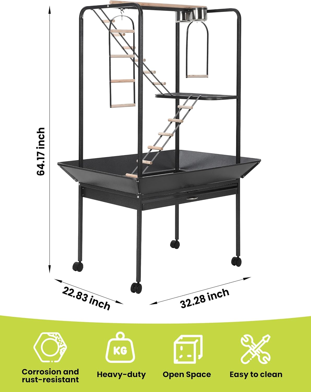 64'' h Birdcage Stand, Bird Playground with Rotated Ring and Ring Toys Perches, Parakeet Toys Stand with Ladders and Platform, Removable Tray for Large Bird, Macaw and Parakeet
