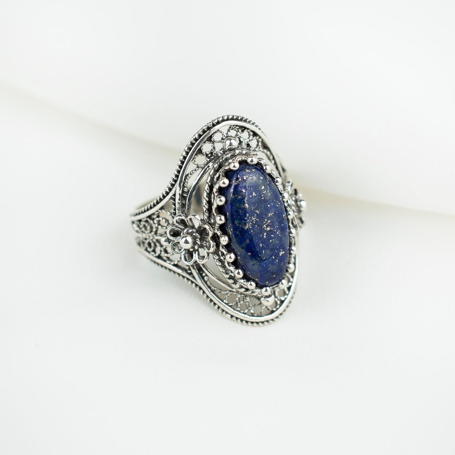Filigranist 925 Sterling Silver Handcrafted Filigree Art Flower Pattern Woman Oval Statement Ring, Gift Boxed
