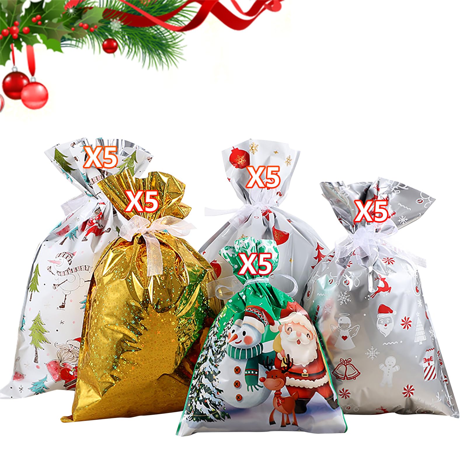 KAQNTUD Pack of 30 Holiday Storage Bags Mix Secure Ribbon Closure for Christmas Birthday Gifts Party Supplies Santa Claus