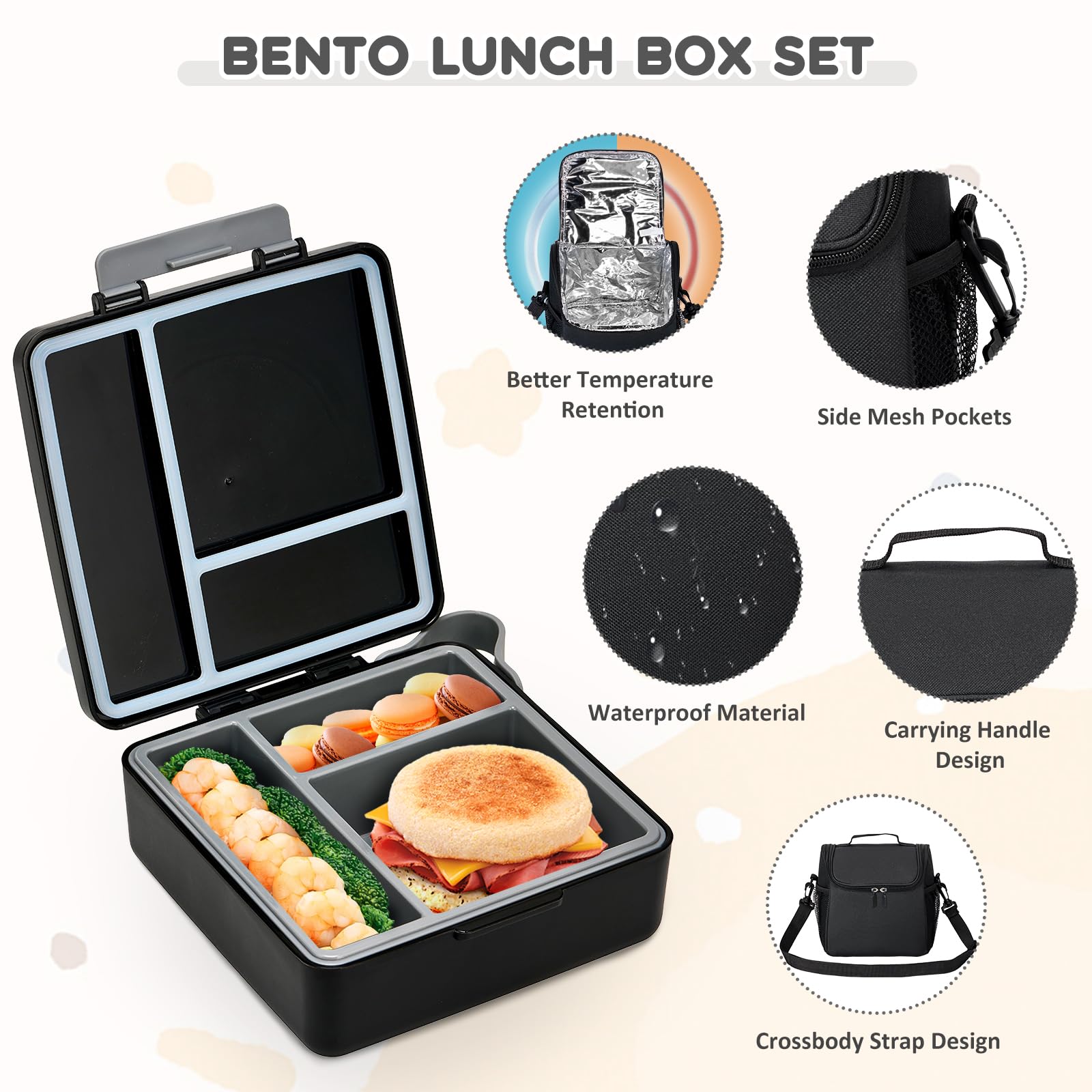 Juego de lonchera con contenedor de caja Bento, termo de sopa de alimentos de acero inoxidable de 17 onzas, botella de agua para niños y bolsa de almuerzo aislada portátil, a prueba de fugas, 3