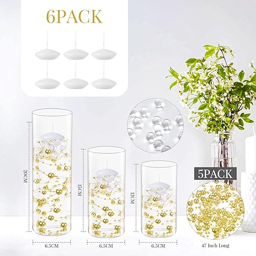 Miniatura 10 de 3 piezas de jarrón cilíndrico de cristal con 6 velas de disco flotantes blancas 10000 cuentas de gel de llenado de jarrón de agua 5 cuentas largas