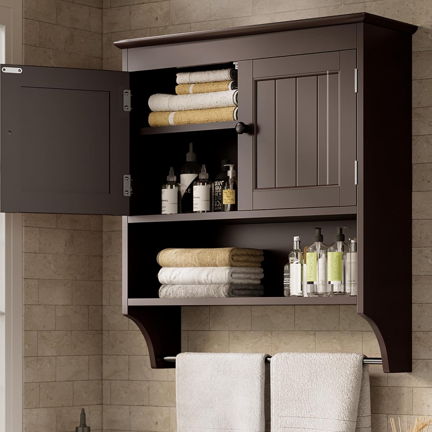 Amazon.com: Bealife Bathroom Wall Cabinet with Towels Bar, Wall Mounted ...