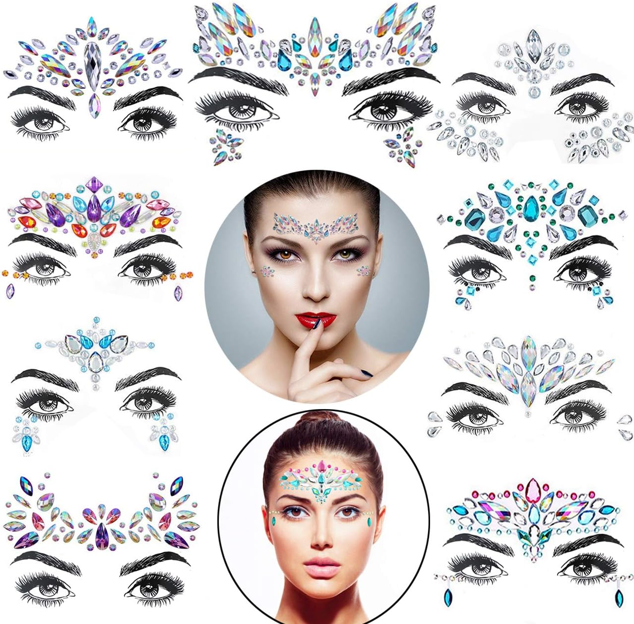 Face Gems, 9 Pcs Face Jewels Crystal Glitter Jewel Mermaid Sticker Bindi Adhesive Rhinestone Temporary Tattoo Eyebrow Body Stickers for Festival Rave Party
