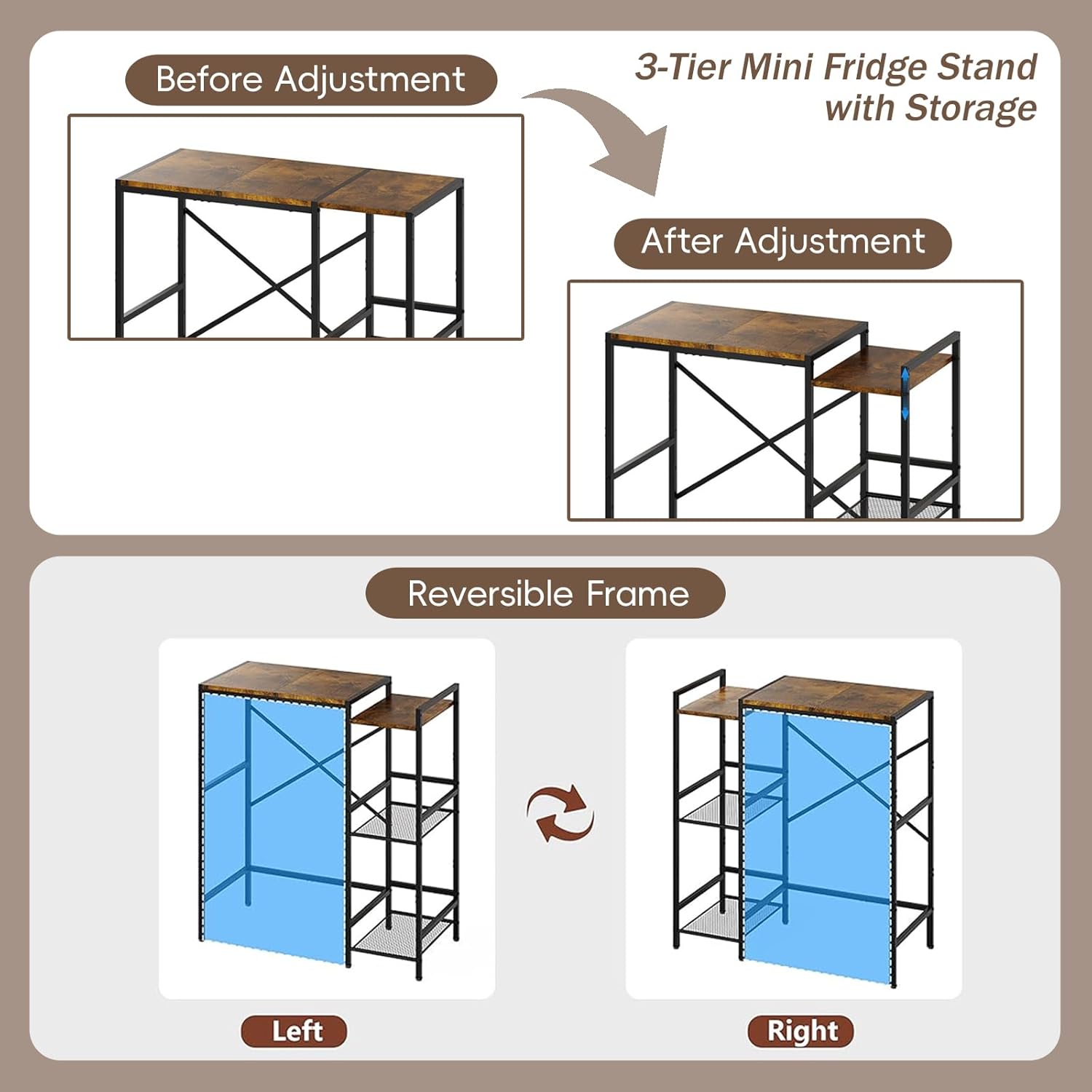 3-Tier Mini Fridge Stand with Storage, Industrial Style Kitchen Organizer Shelves for Microwave, Toaster, Coffee Maker, Multi-Purpose Standing Baker Racks for Home, Dorm, Apartment