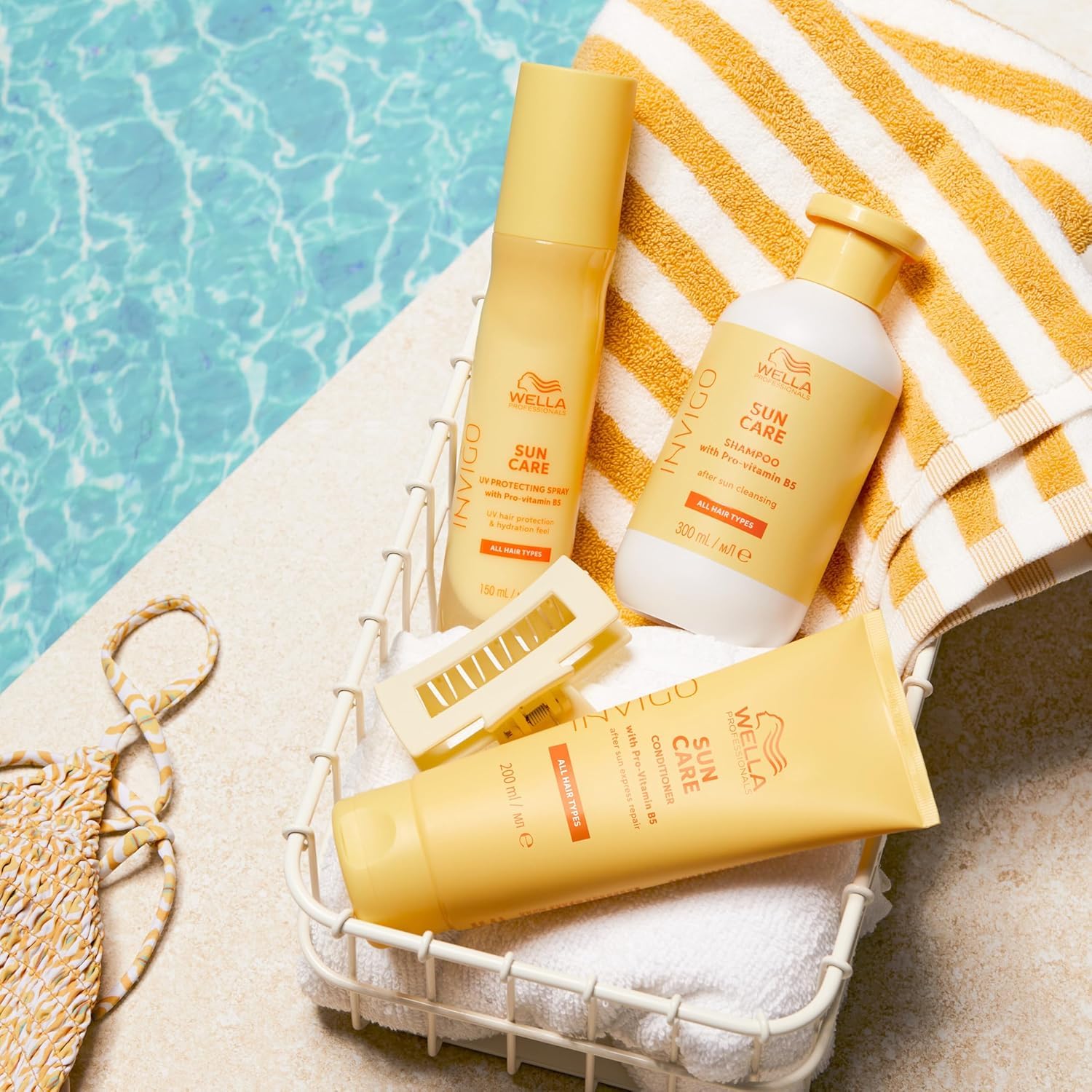 Wella Professionals INVIGO SUN CARE Balsamo Riparatore 200 ml & After Sun Cleansing Shampoo 300 ml & UV Hair Color Protection Spray 150 ml - Con Pro-Vitamina B5, Protezione UV, Fragranza Fruttata e Fl