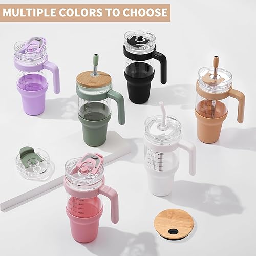 Miniatura 7 de Vaso de vidrio de 40 onzas con 2 tapas, tapa de popote de bambú y tapa de popote 2 en 1, taza de café helado con asa, botella de agua de vidrio con