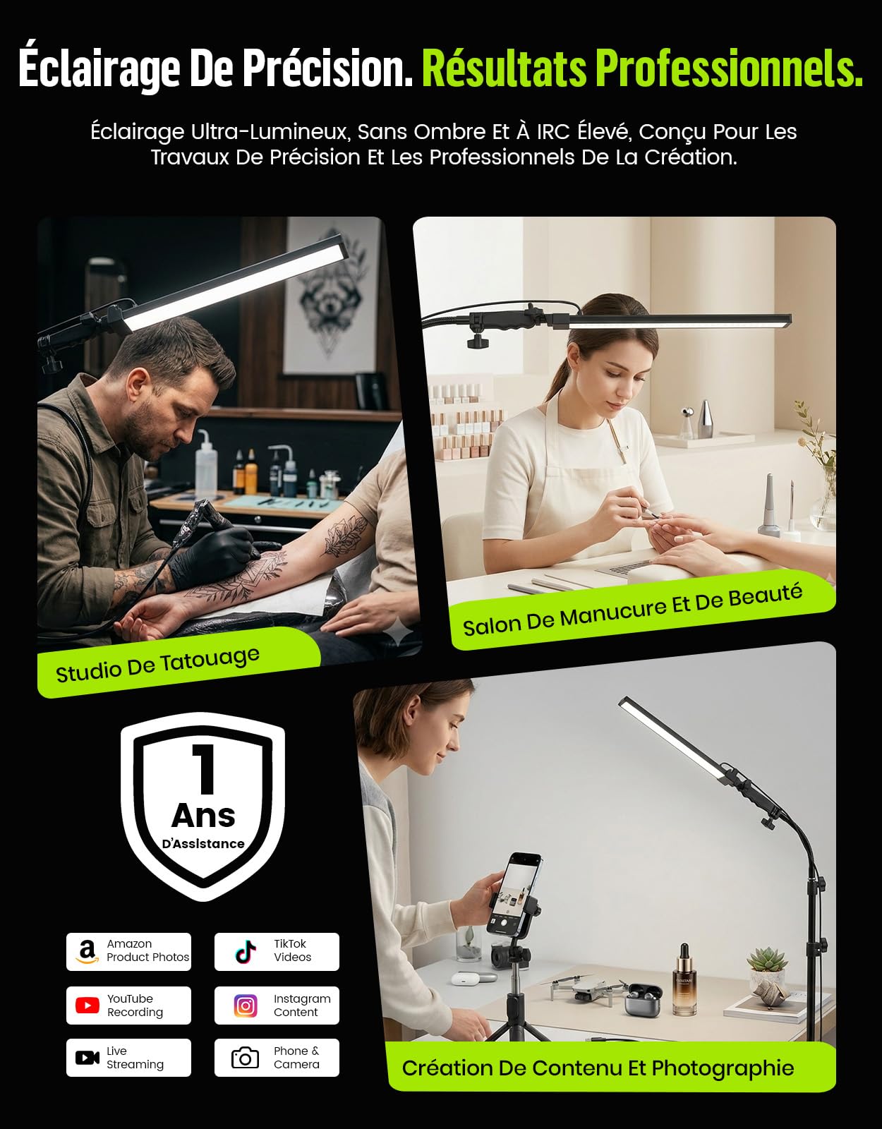 Kit d'éclairage LED pour Photographie - Sac et Tube Souple - Réglable à 180° - Trépied de lumière réglable en Hauteur de 2 m - pour beauté, Sourcils, Maquillage, Portraits et Produits