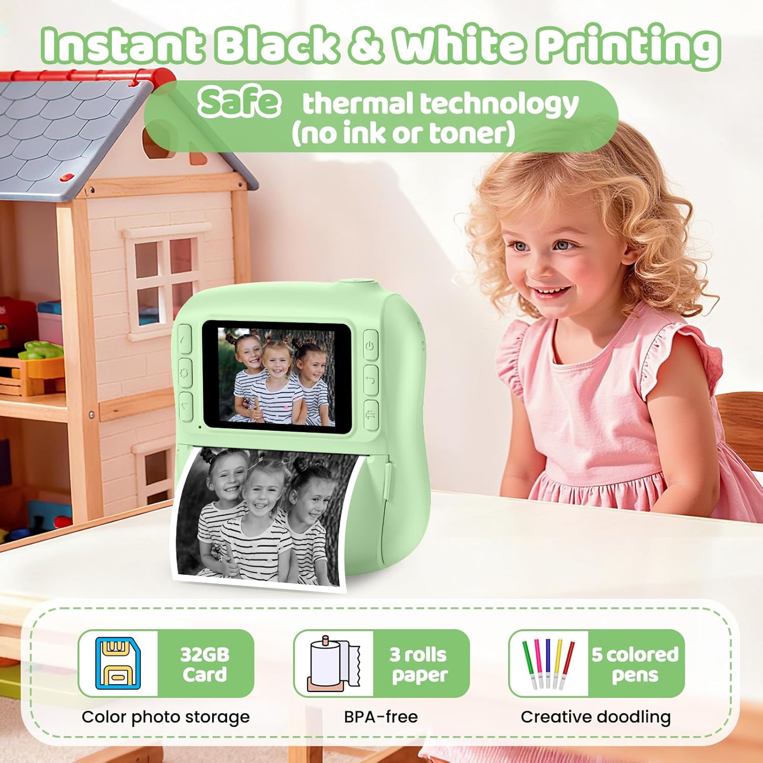 Instant Print Camera for Kids,Christmas Birthday Gifts for 3 4 5 6 7 8 9 10 11 12 Year Old Boys Girls,Toddler Digital Video Camcorder Cameras, Best 1080P HD Selfie Toy with 32GB SD Card - Image 2