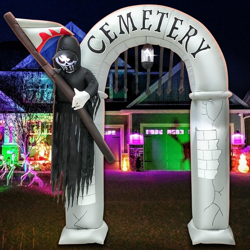 2,4 m Halloween-aufblasbare Torbogen-Dekoration mit LED-Licht, gruselig, gruselig, Halloween-aufblasbar, Sensenmann, Outdoor-Dekorationen, aufblasbares Spielzeug für Halloween, Urlaub, Party, Rasen