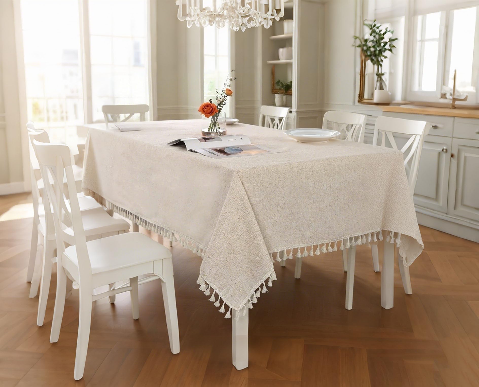 SUCHDECO Nappe Rectangulaire Anti Tache en Cotton Lin Beige, Nappe de Table Linge de Table Lavable avec Franges, Nappes pour Table à Manger Cuisine, 140 x 350 cm