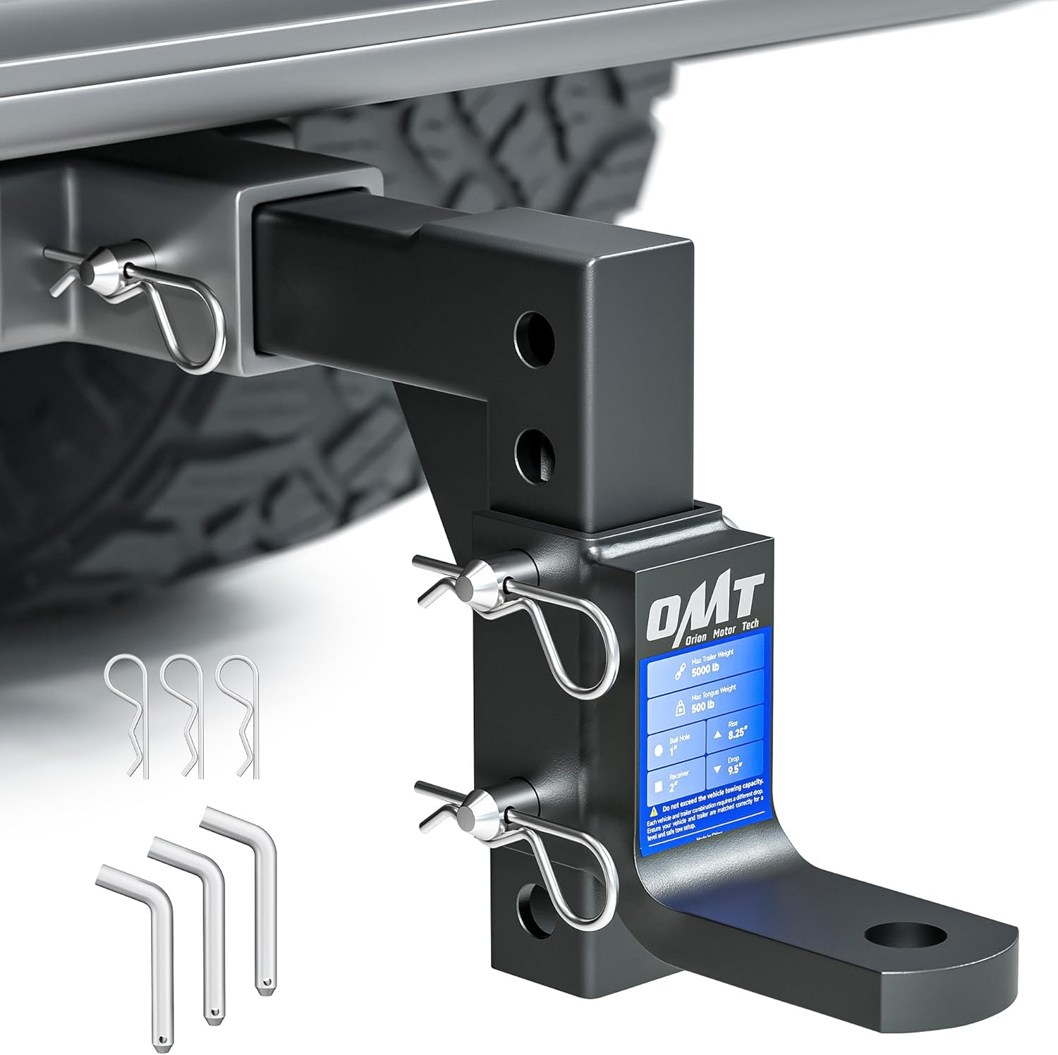 Orion Motor Tech Adjustable Trailer Hitch Ball Mount, 8-Position Tow Hitch for 2" Receiver with 1" Ball Hole 9-1/2" Drop 8-1/4" Rise 5000 lb Capacity, Heavy-Duty Ball Hitch for Truck Boat RV Cargo