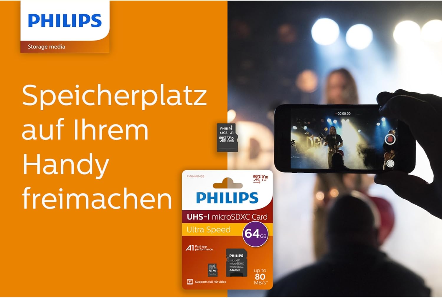 PHILIPS 64GB Micro SDXC UHS-1 U1 & V10 Class 10 Flash Memory Card with Adapter