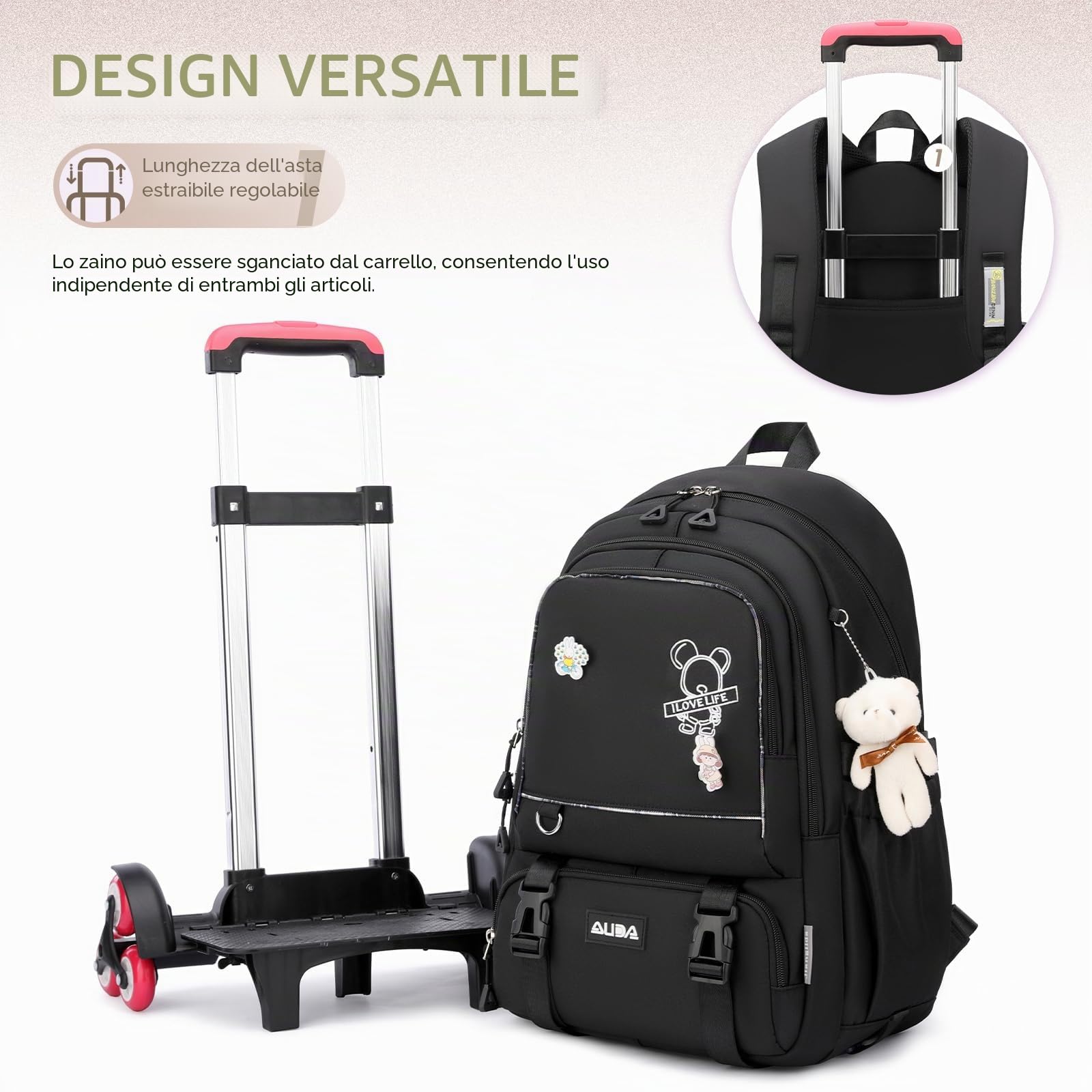 Amythe Zaino con Rotelle per Ragazza, 6 Ruote, con Ciondolo, Nero | 2 in 1 Zaino Trolley Scuola Elementare Media per Bambina Adolescenti da 9 a 18 anni, Carrello Removibile, Ritorno / Viaggi