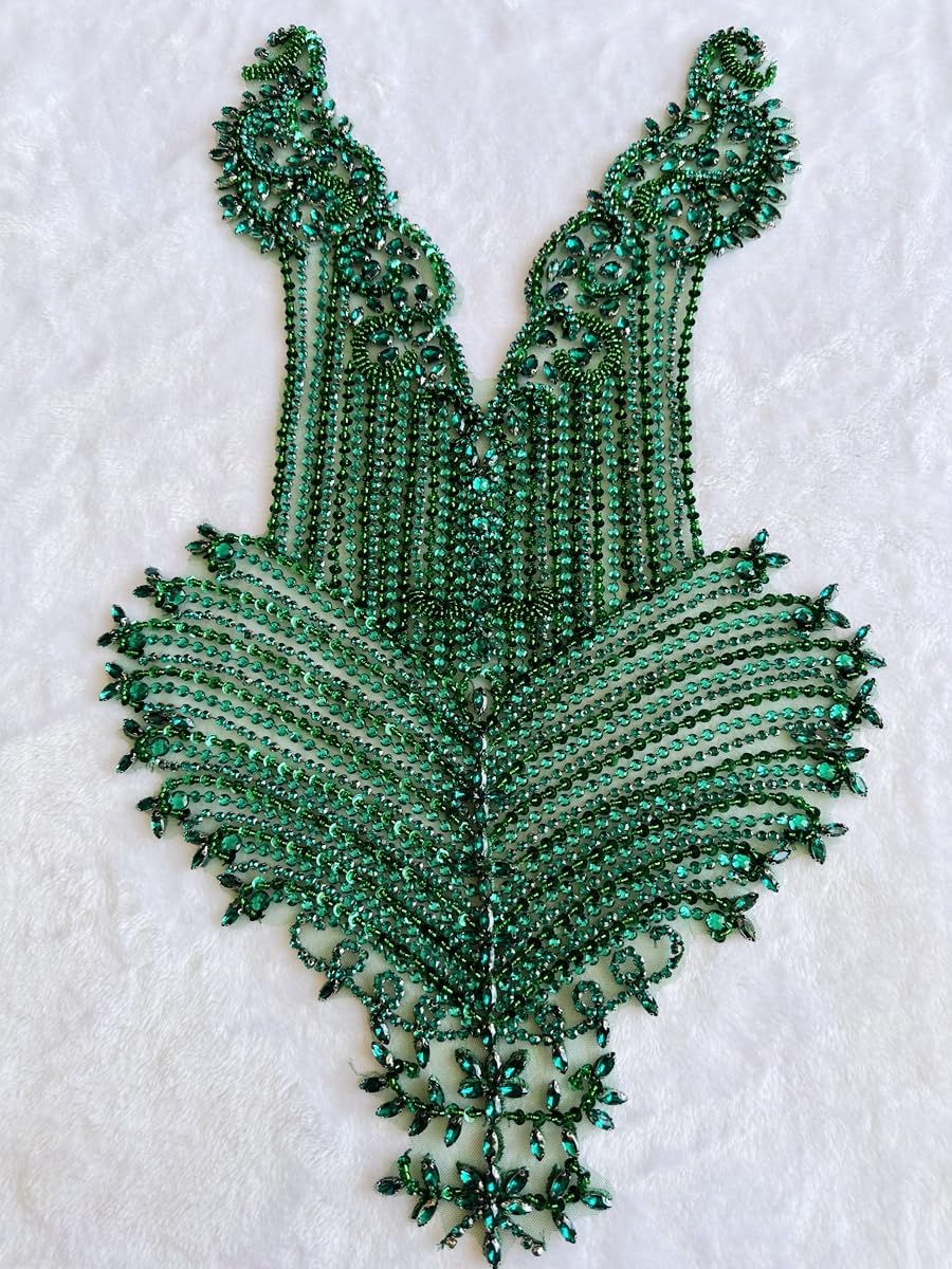 Handmade Large Beads Rhinestones lace Applique Bodice Patches Trimming sew on Sequins Stones Beads Shining Heavy Decoration for Wedding Dress (DarkGreen)