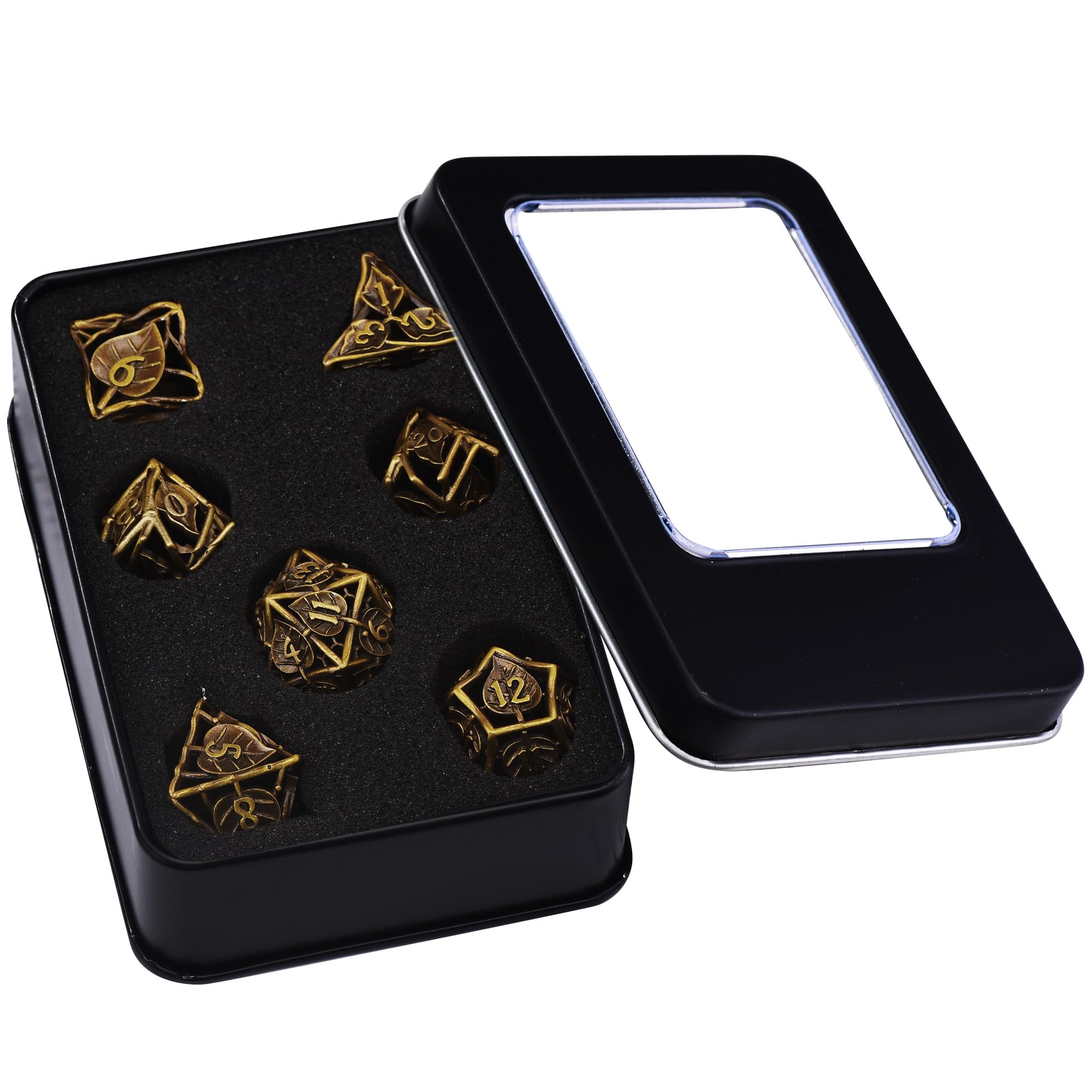 SIQUK 7 Pièces Jeu de Dés DND, Dés Polyédriques Creux Dés Métal D4/D6/D8/D10/D12/D20/D% Dice pour Donjons et Dragons RPG D&D（Antique Or）