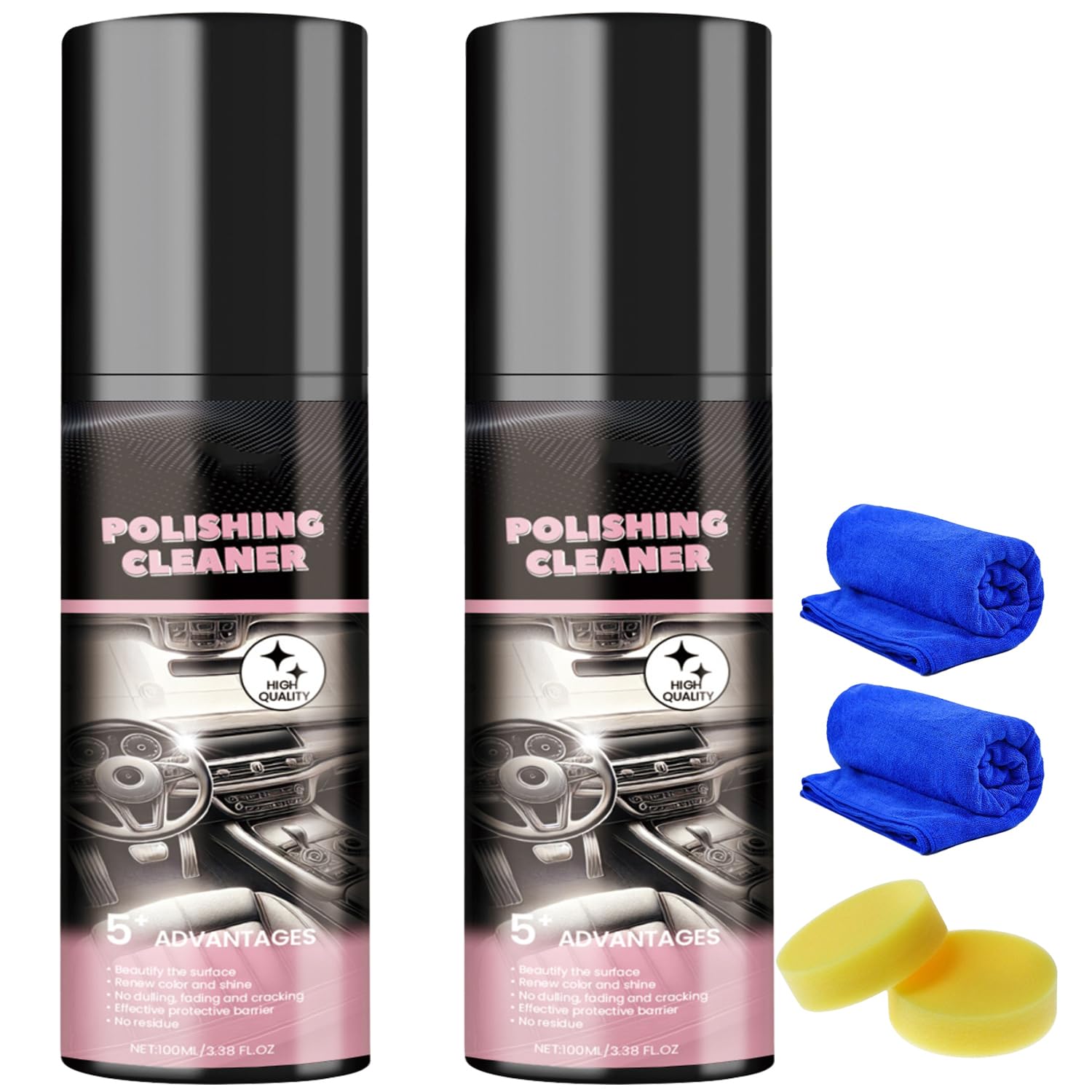 Car Interior Detail Polishing Cleaner, Multi-Purpose Car Cleaner 100ml (2PCS) - Compatible with Plastic, Leather, Fabric, Metal