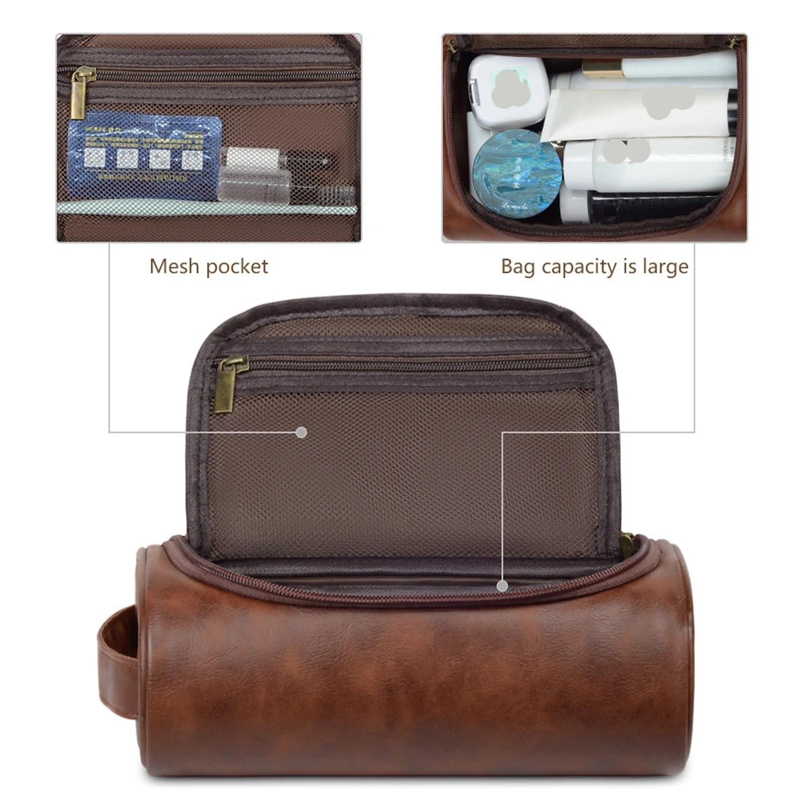 Retro PU Leather Travel Toiletry Bag - Waterproof Cosmetic Organizer for Women & Men(Red brown)