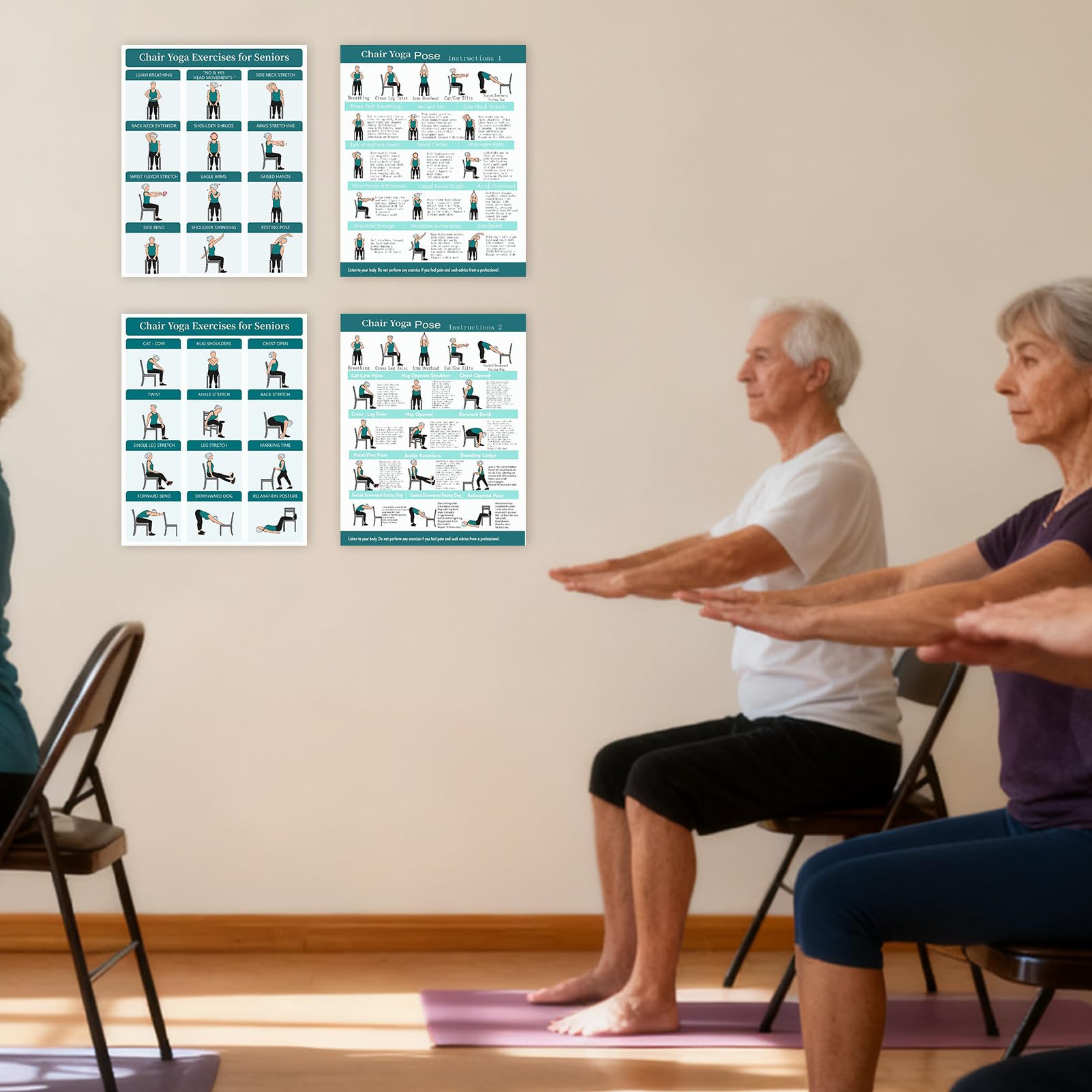 Stuhl Yoga Poster, Stretching Pose Karten, Fitness Wandkunst mit 4 Stück, Übungsanleitung Display mit visuellen Anweisungen, Home Gym Dekor, für Anfänger, Frauen, Männer, Fitness, Flexibilität