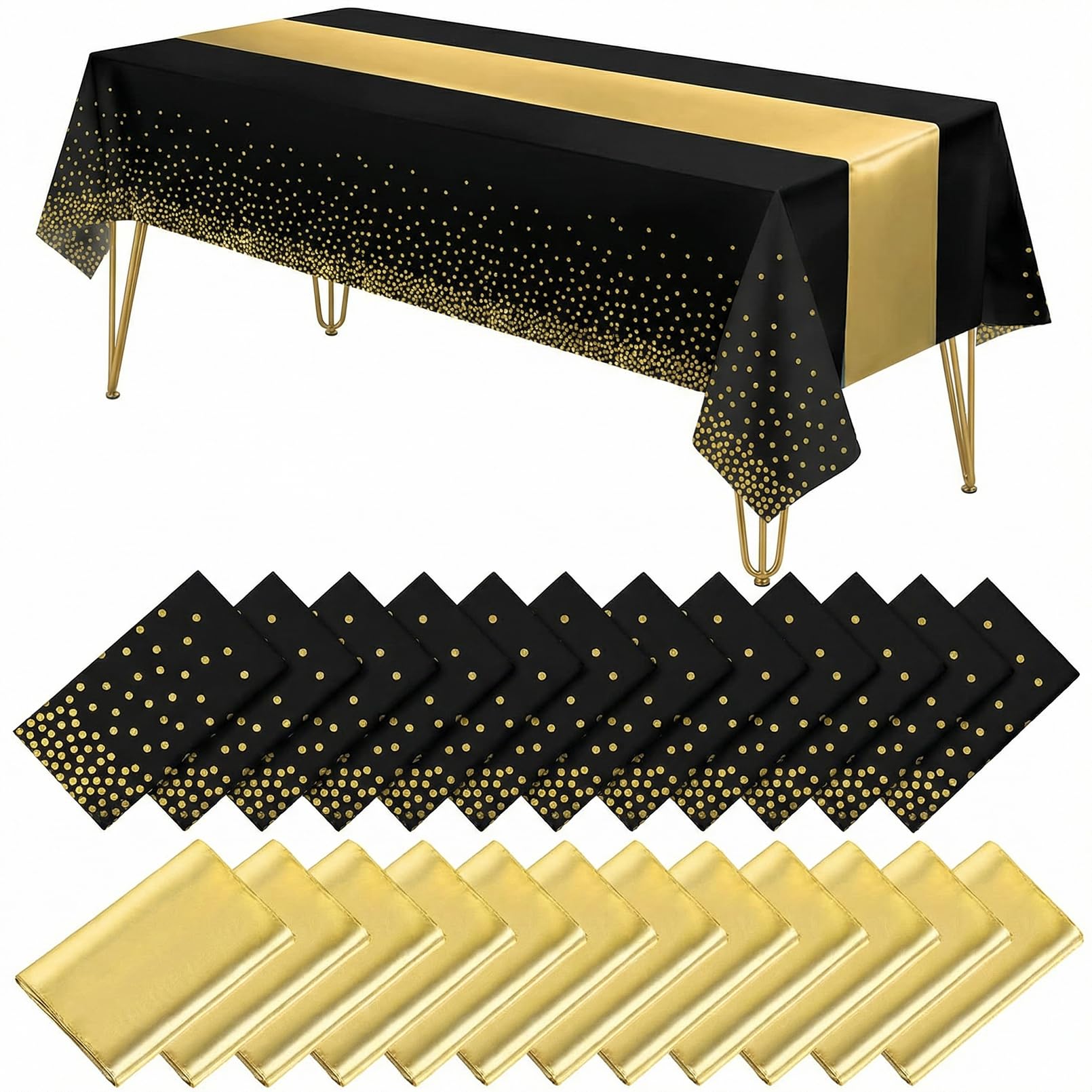 Incisite 24 Pack Black and Gold Tablecloth and Table Runner Set,137x274 cm Disposable Plastic Dot Tablecloth,29x274 cm Gold Satin Table Runner for Wedding Birthday Anniversary Party Decorations