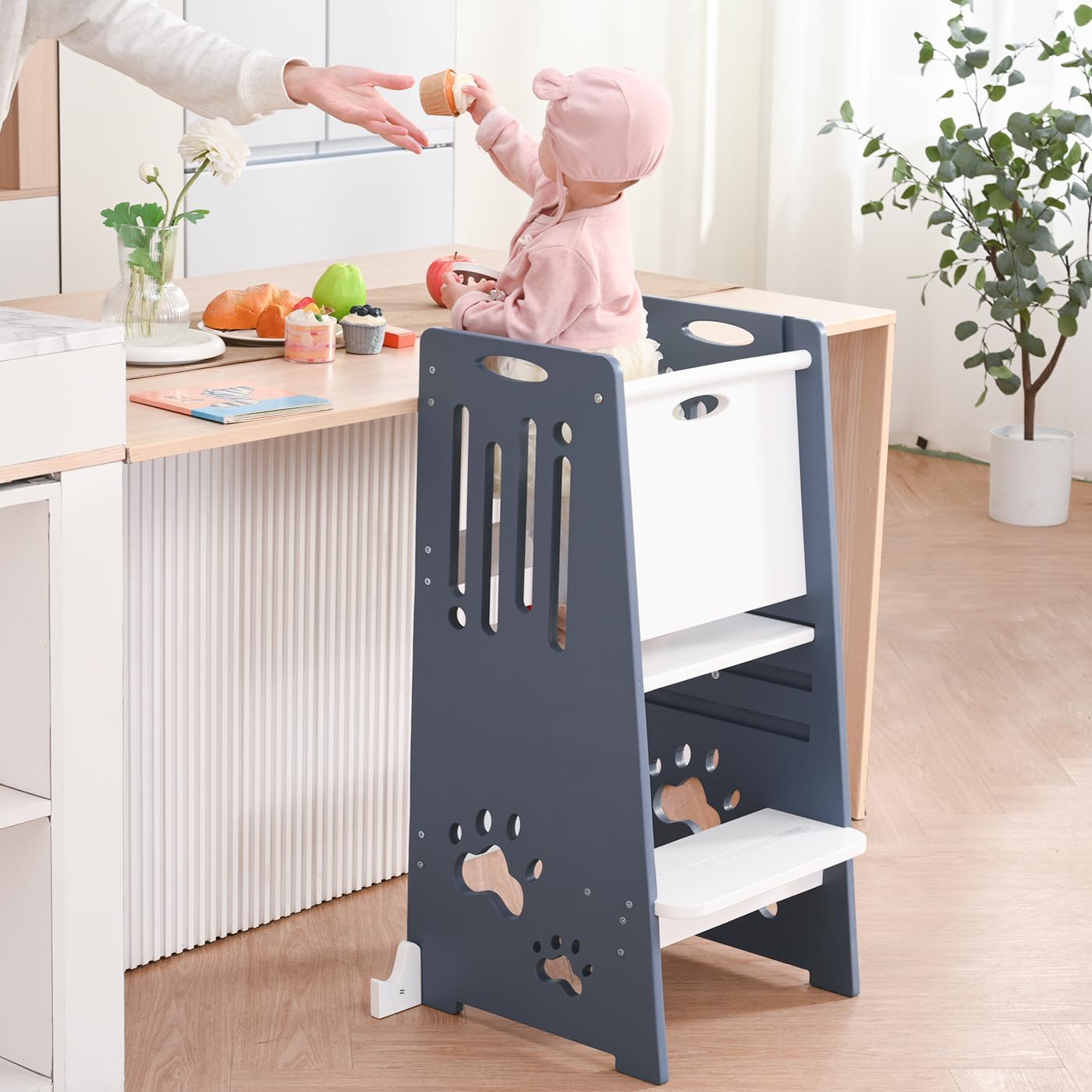 Kleinkind Tritthocker Kinderhocker, Toddler Tower & Lernhocker mit Sicherheitsbarriere, Kippschutz und Sicherheitsfüßen – Sicher & Stabil, höhenverstellbar für Kinder ab 1 Jahr(blau-Weiß)