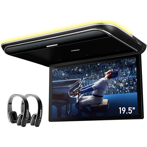 XTRONS 19.5 Inch Car Overhead Player 16:9 Wide Screen 1080P Video Car Roof Mount Monitor Ultra-Thin Flip Down Car Monitor Support HDMI USB Stereo Speakers, with 2PCS Black IR Headphones