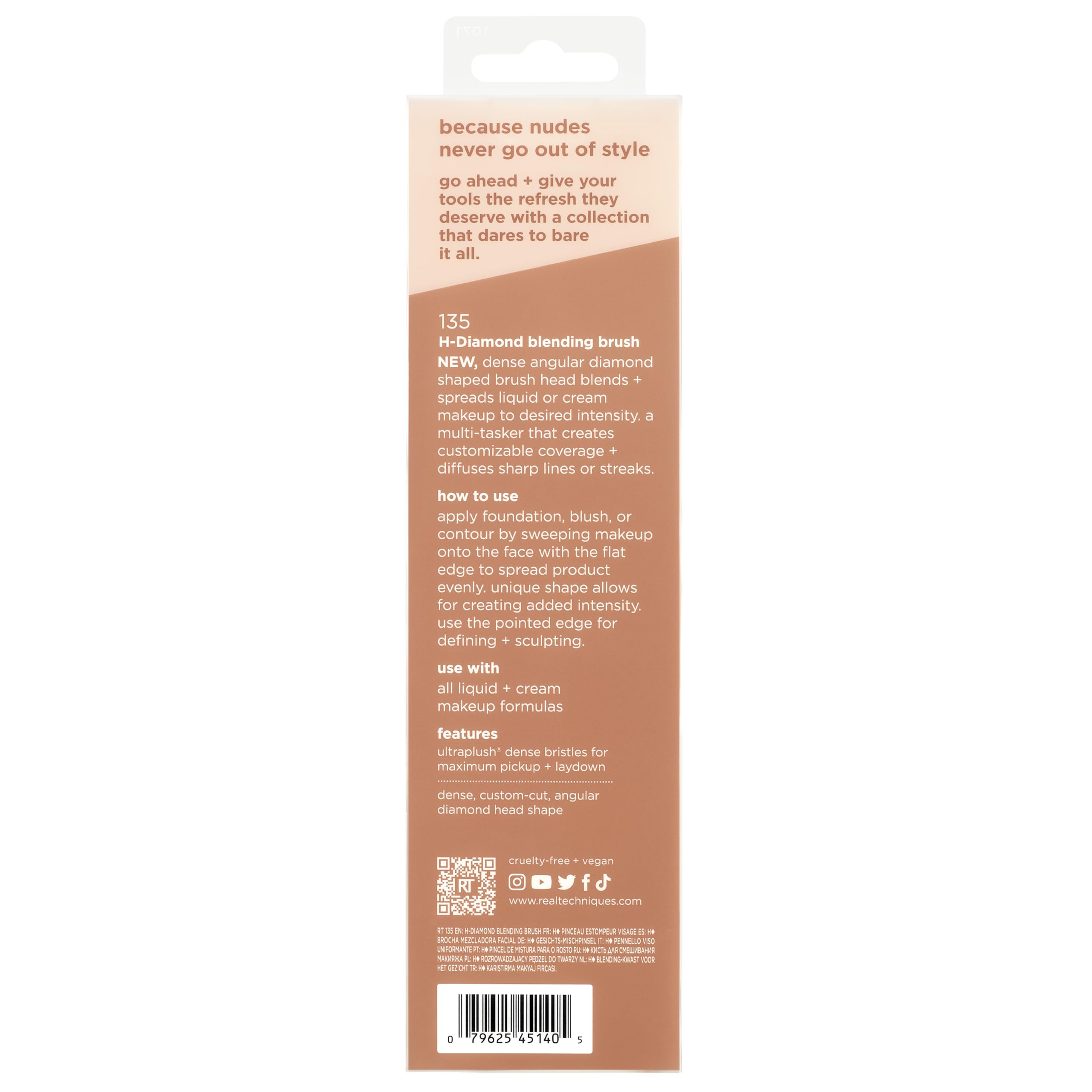Real Techniques New Nudes H-Diamond Blending Brush, Foundation, Contour & Blush Makeup Brush for Seamless Liquid or Cream Coverage, Diamond-Shaped Head, Cruelty-Free, 1 Count