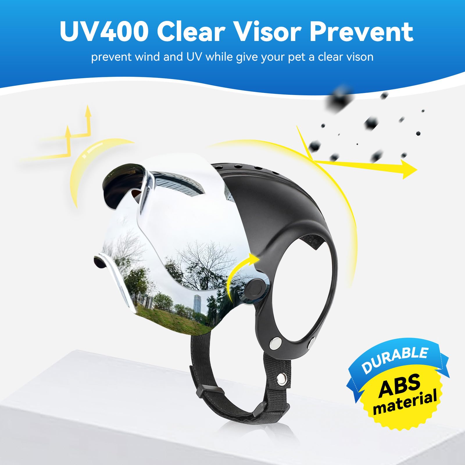 Casque pour chien avec lunettes de soleil anti-UV pour petits chiens, chiots (sans rivets) - Lentilles argentées