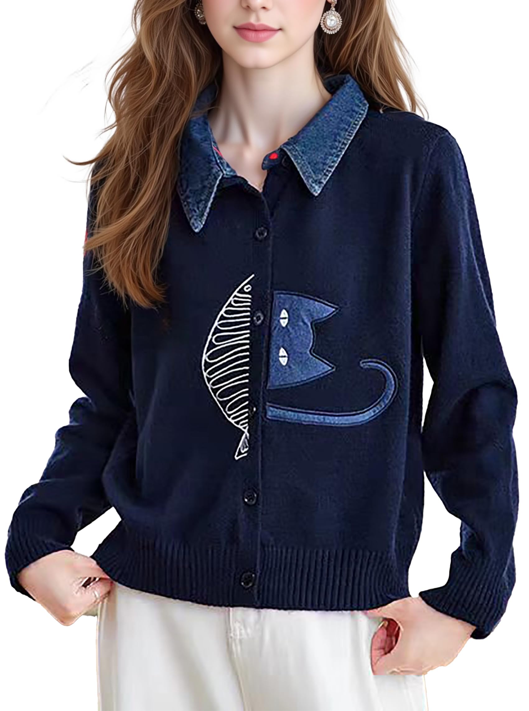 LAI MENG FIVE CATS Womens 2025 Fall Sweater Cardigan 2 in 1 Lapel Long Sleeve Button Ribbed Knit