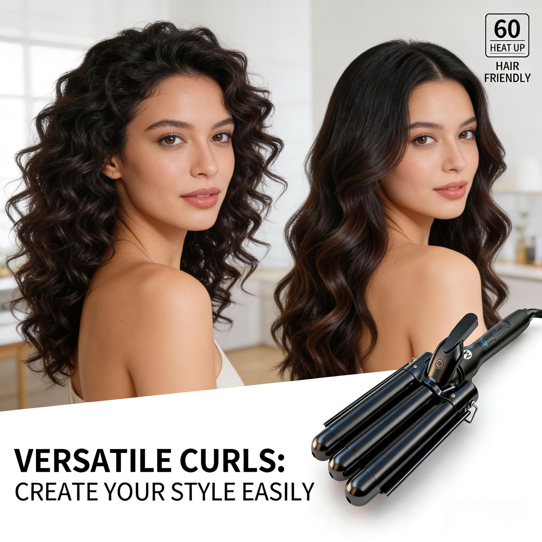 3 Barrel Ceramic Tourmaline Hair Waver with LCD Temperature Display