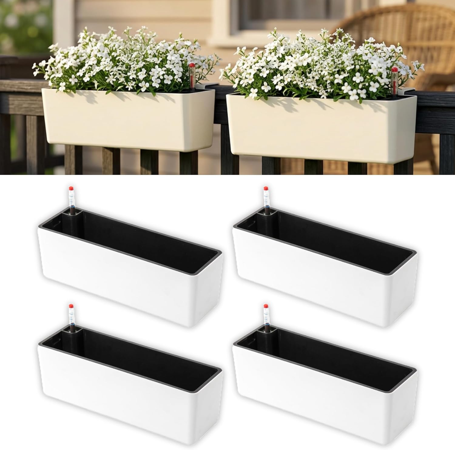 LaLaGreen Balcony Flower Boxes Over the Rail (16 Inch, 2 Pack) White Rectangular Self-Watering Railing Planters with Metal Brackets, Plastic Window Box for Outdoor Plants Herbs Deck Fence Garden